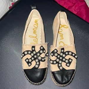 Sam Edelman 7.5 espadrilles tan, pearl & dark navy